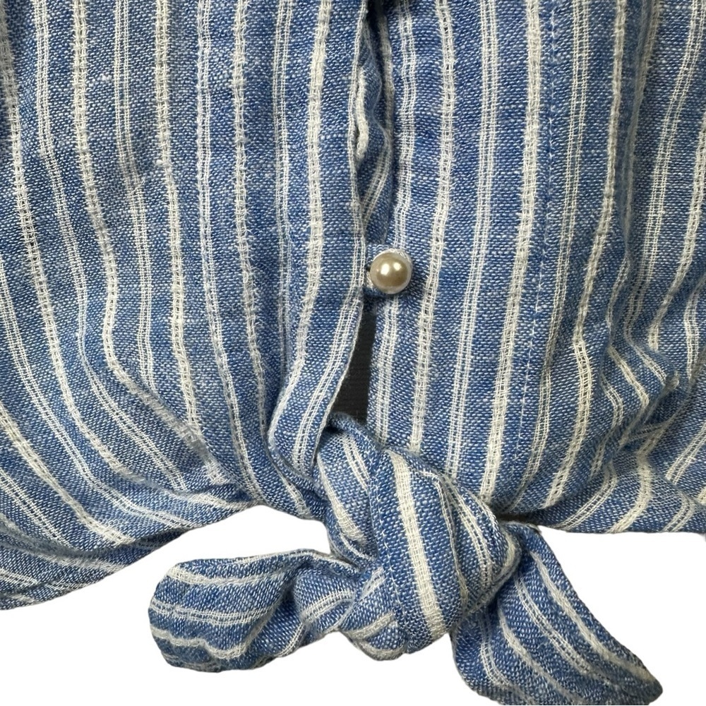 Rails Sloane Linen Blend Top Medium Blue Button Up Striped Front Tie Blouse - Picture 12 of 12